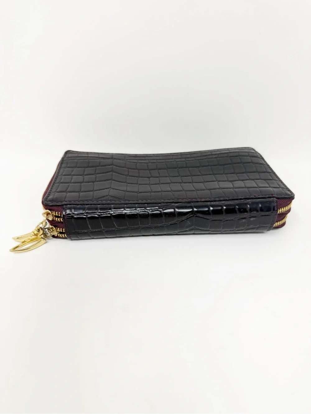Tusk Croc Embossed Leather Double Zip Around Continental Wallet Burgundy